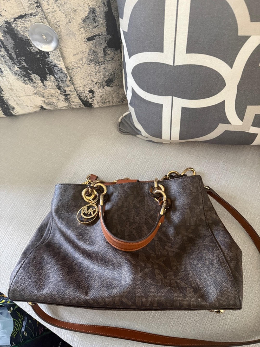 Michael Kors Brown Monogram Shoulder Tote with Tan Accents